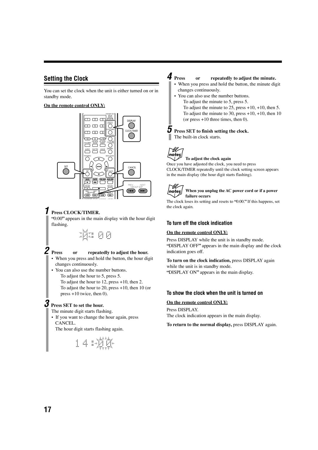 JVC UX-A7DVD, CA-UXA7DVD Setting the Clock, To turn off the clock indication, To show the clock when the unit is turned on 