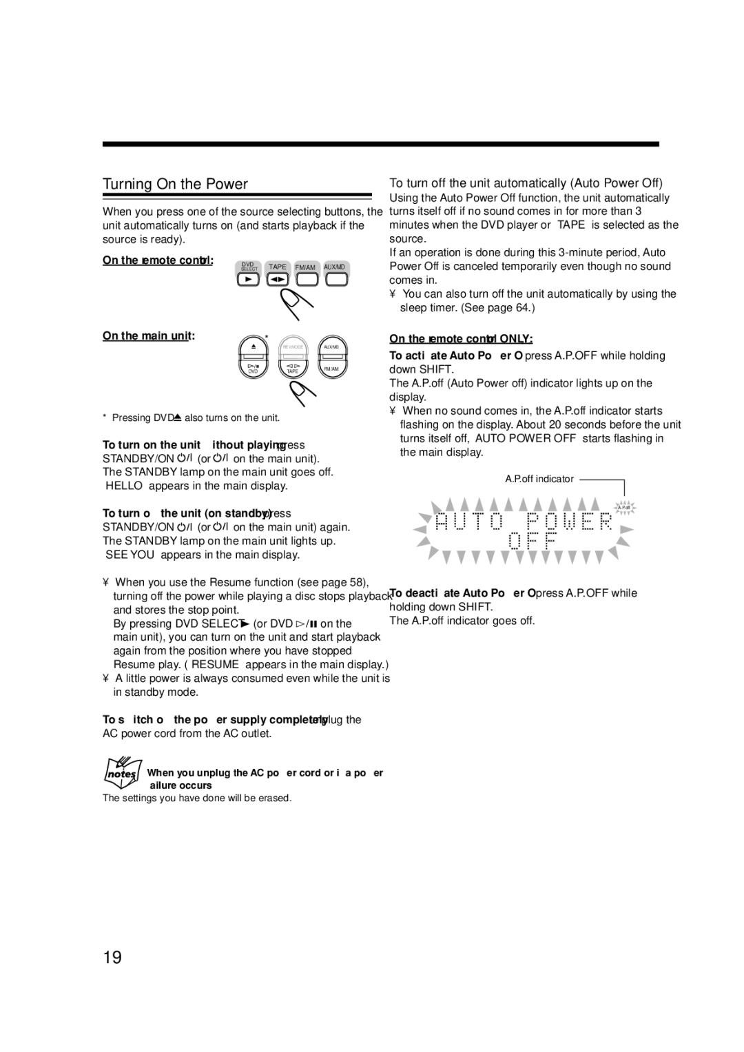 JVC SP-UXA7DVD, CA-UXA7DVD, UX-A7DVD manual Turning On the Power, To turn off the unit automatically Auto Power Off 