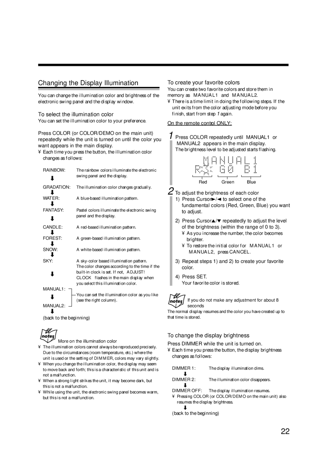 JVC SP-UXA7DVD manual Changing the Display Illumination, To select the illumination color, To create your favorite colors 