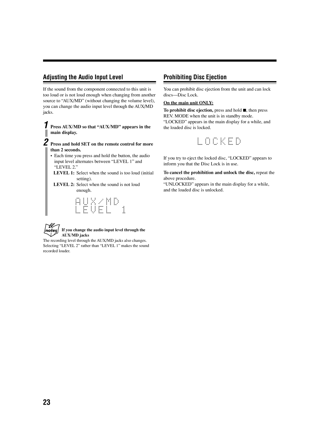 JVC UX-A7DVD, CA-UXA7DVD, SP-UXA7DVD manual Adjusting the Audio Input Level Prohibiting Disc Ejection, On the main unit only 
