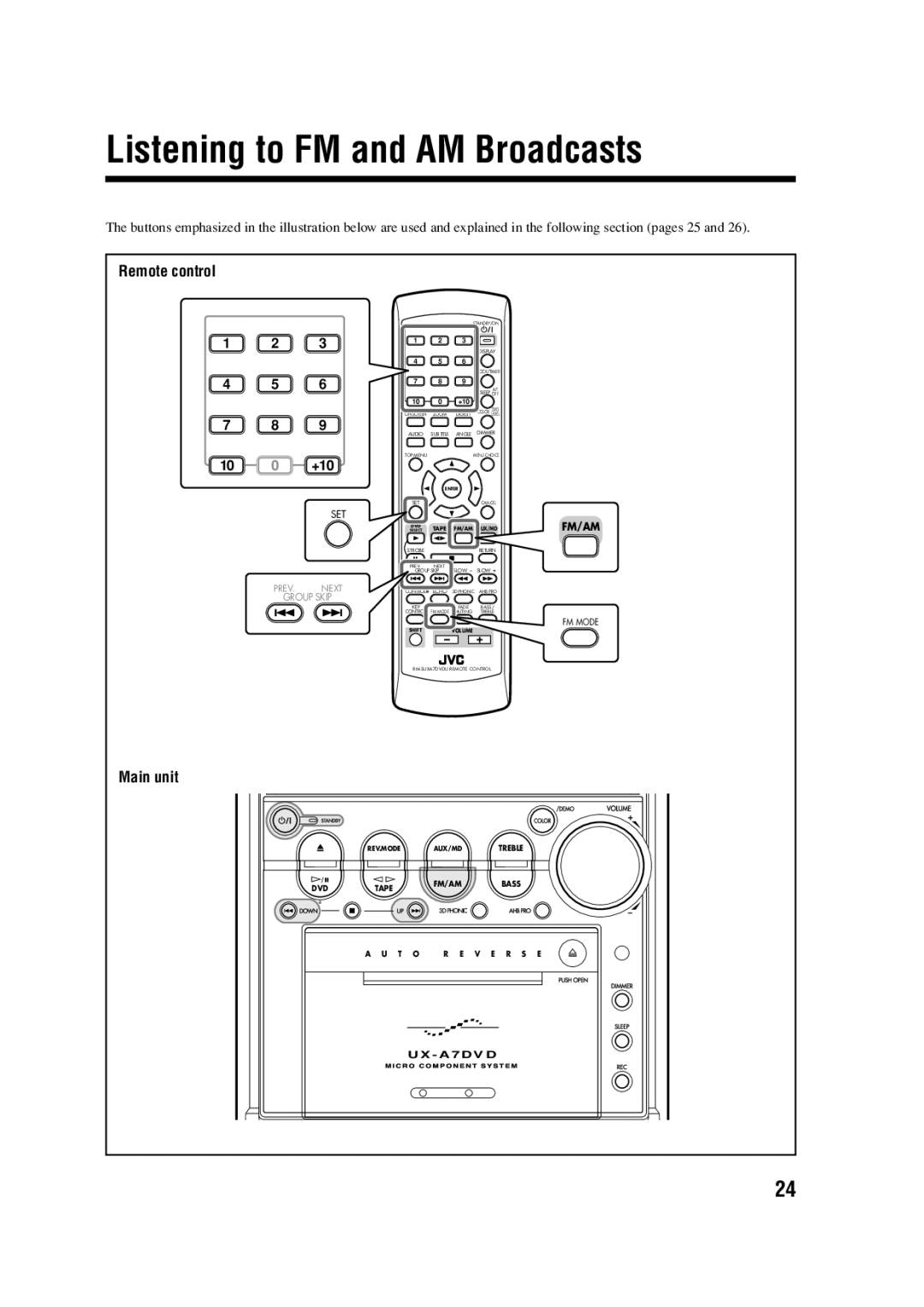 JVC CA-UXA7DVD, SP-UXA7DVD, UX-A7DVD manual Listening to FM and AM Broadcasts, Remote control, 10 0 +10 