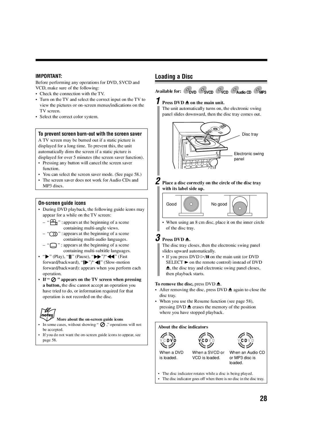 JVC SP-UXA7DVD, CA-UXA7DVD manual Loading a Disc, On-screen guide icons, To prevent screen burn-out with the screen saver 