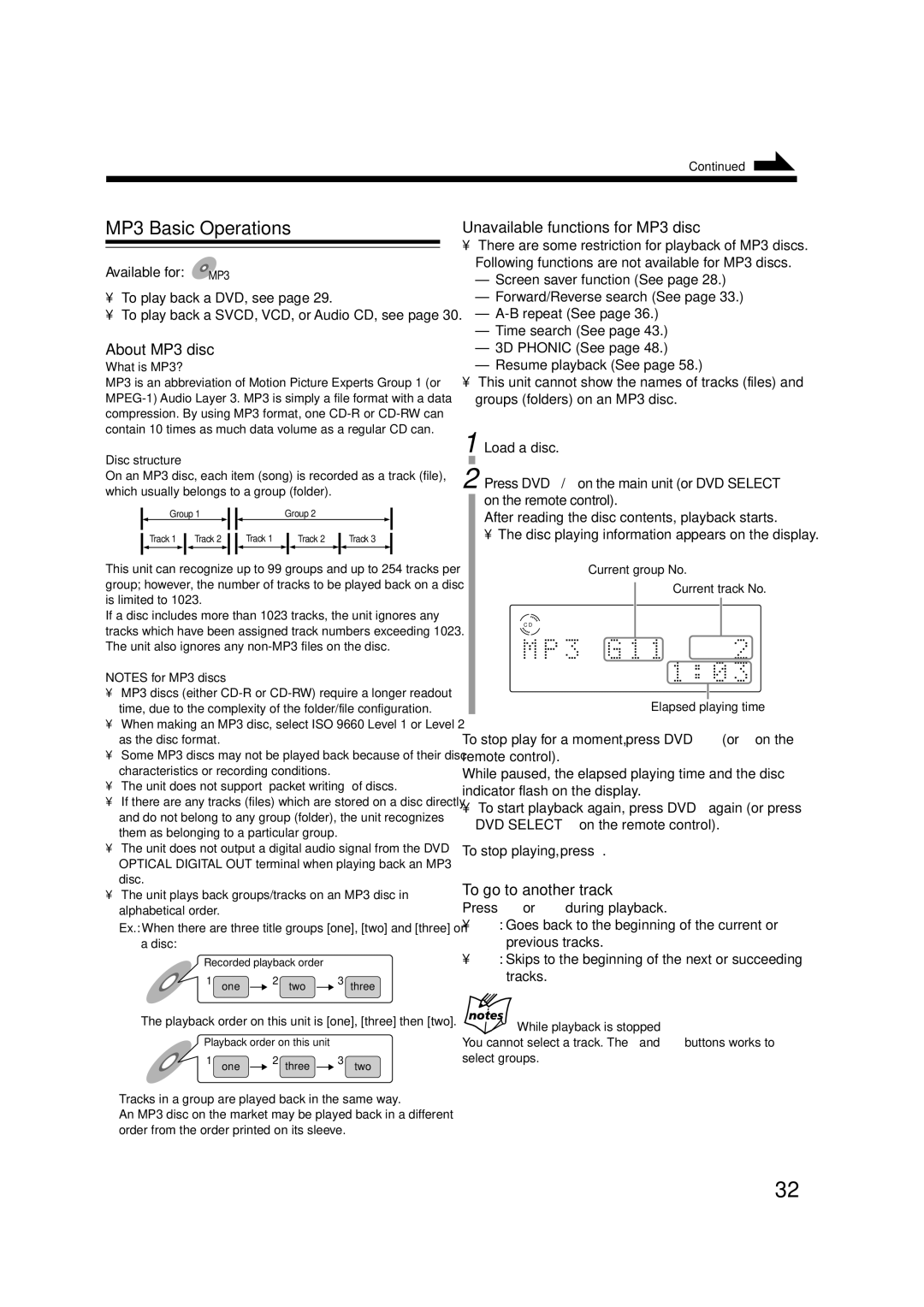 JVC UX-A7DVD, CA-UXA7DVD manual MP3 Basic Operations, About MP3 disc, Unavailable functions for MP3 disc, Available for MP3 