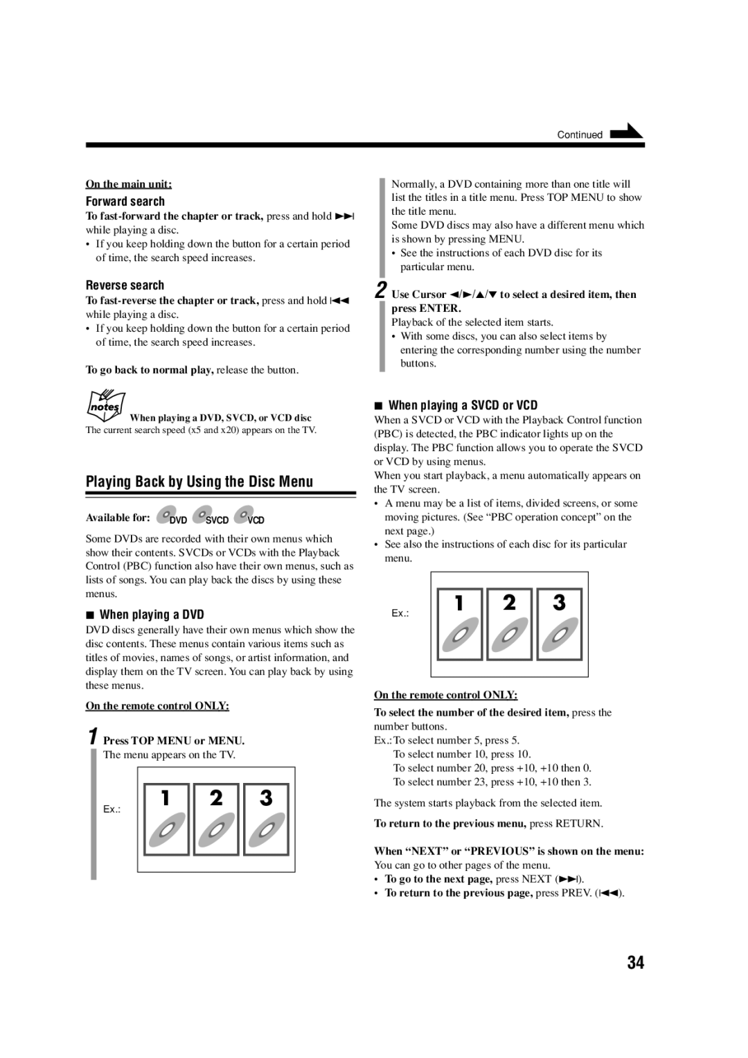 JVC SP-UXA7DVD, CA-UXA7DVD, UX-A7DVD Playing Back by Using the Disc Menu, When playing a DVD, When playing a Svcd or VCD 