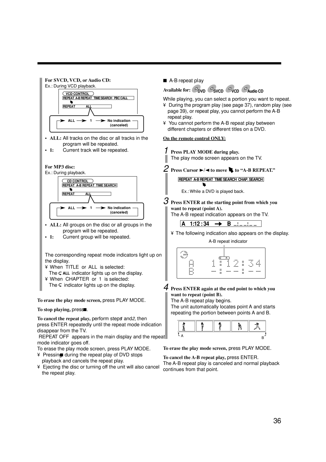 JVC CA-UXA7DVD, UX-A7DVD B repeat play, For SVCD, VCD, or Audio CD, On the remote control only Press Play Mode during play 