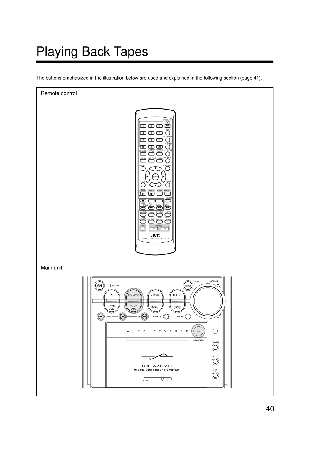 JVC SP-UXA7DVD, CA-UXA7DVD, UX-A7DVD manual Playing Back Tapes, Remote control 