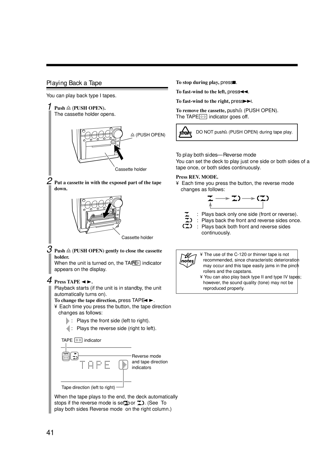 JVC UX-A7DVD, CA-UXA7DVD, SP-UXA7DVD manual Playing Back a Tape, To play both sides-Reverse mode 