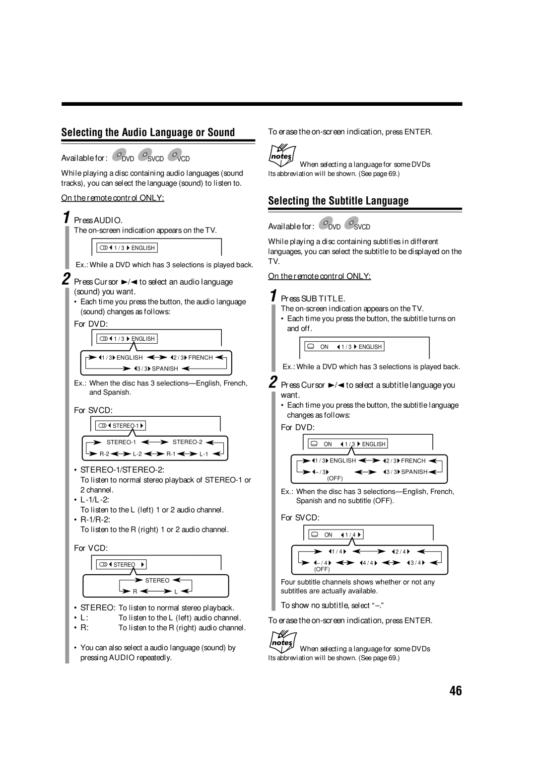 JVC SP-UXA7DVD, CA-UXA7DVD, UX-A7DVD manual Selecting the Audio Language or Sound, Selecting the Subtitle Language 