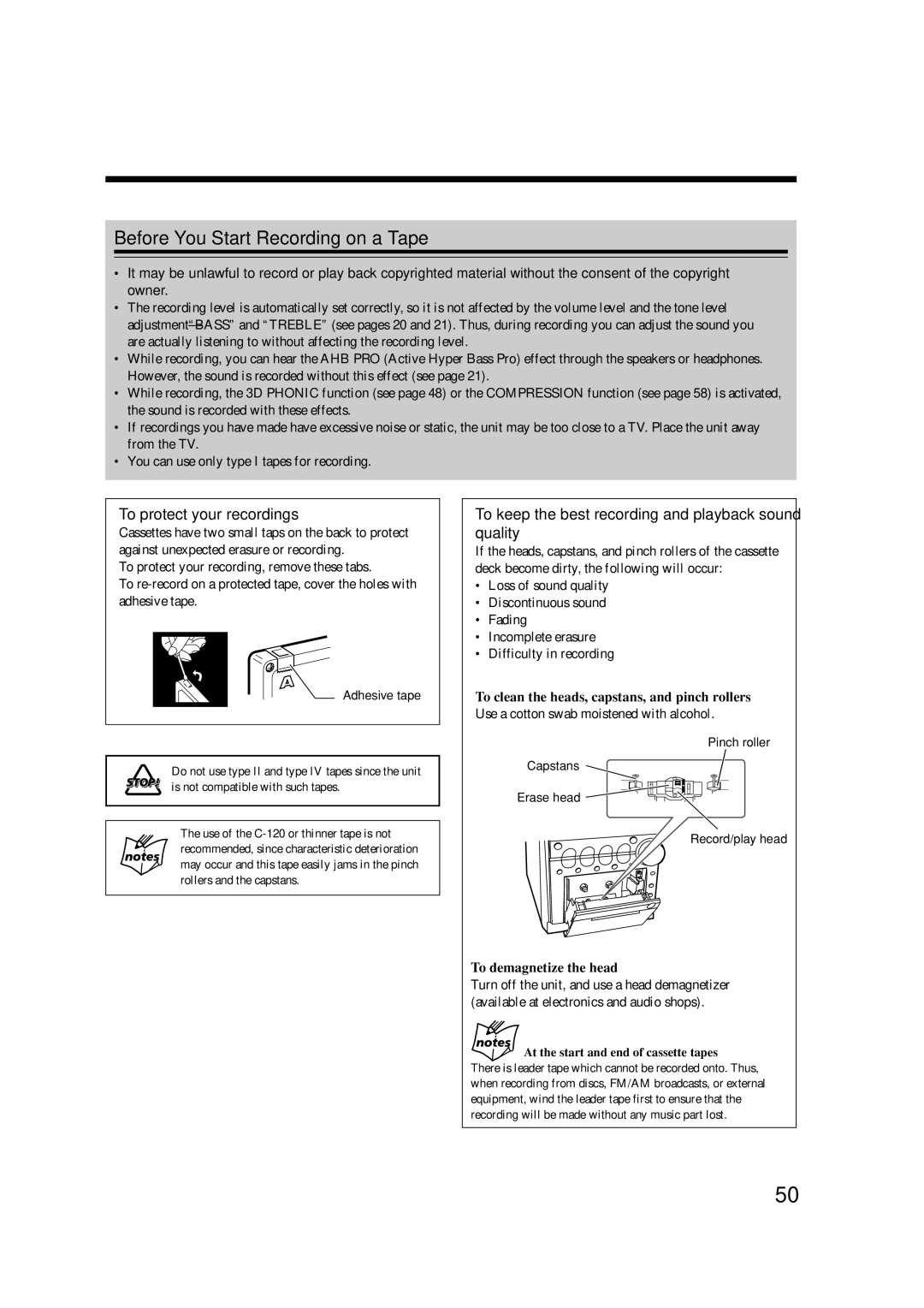 JVC UX-A7DVD, CA-UXA7DVD manual Before You Start Recording on a Tape, To protect your recordings, To demagnetize the head 