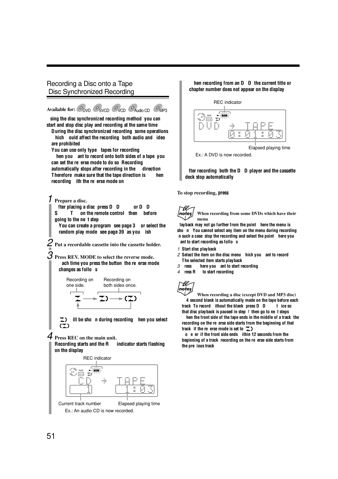 JVC CA-UXA7DVD manual Recording a Disc onto a Tape -Disc Synchronized Recording, Prepare a disc, Press REC on the main unit 