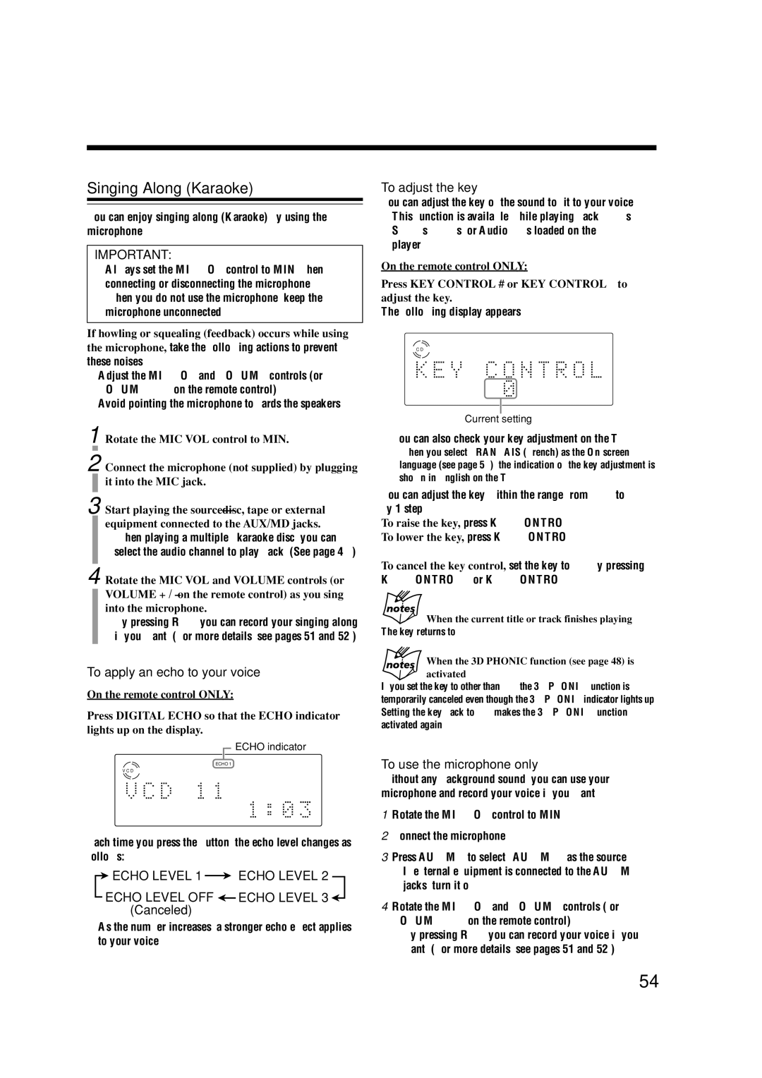 JVC CA-UXA7DVD manual Singing Along Karaoke, To apply an echo to your voice, To adjust the key, To use the microphone only 
