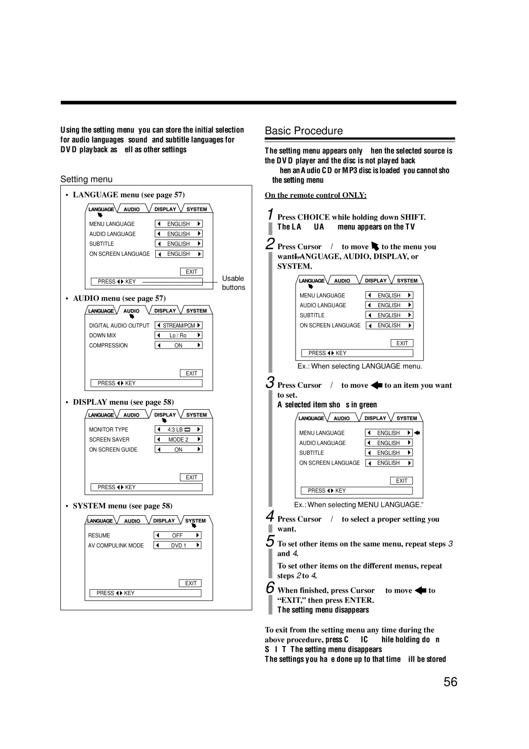 JVC UX-A7DVD, CA-UXA7DVD, SP-UXA7DVD manual Basic Procedure, Setting menu 