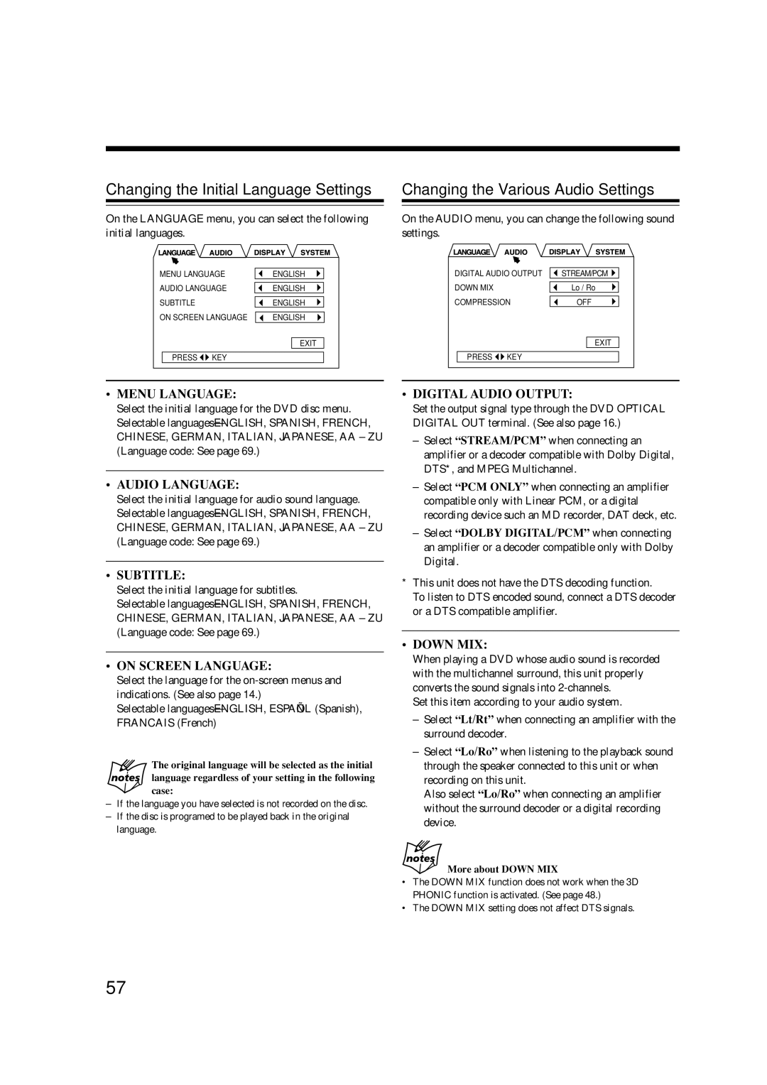 JVC CA-UXA7DVD, UX-A7DVD Changing the Initial Language Settings, Changing the Various Audio Settings, More about Down MIX 