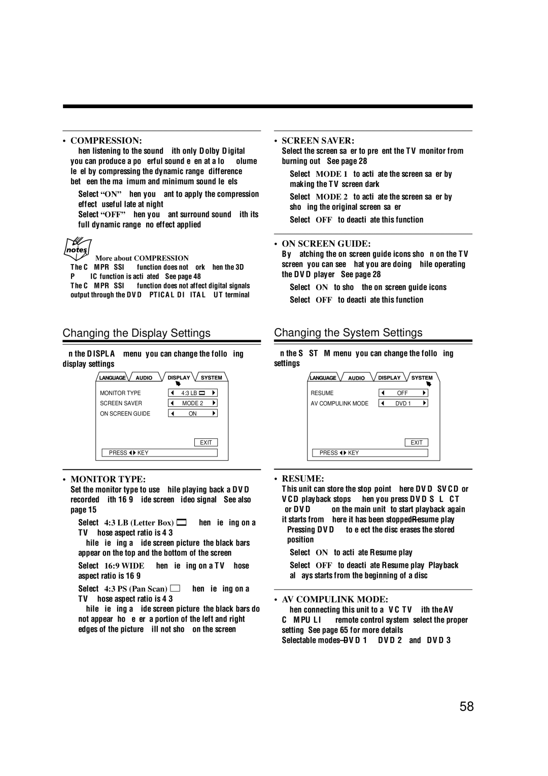 JVC SP-UXA7DVD, CA-UXA7DVD, UX-A7DVD Changing the Display Settings, Changing the System Settings, More about Compression 