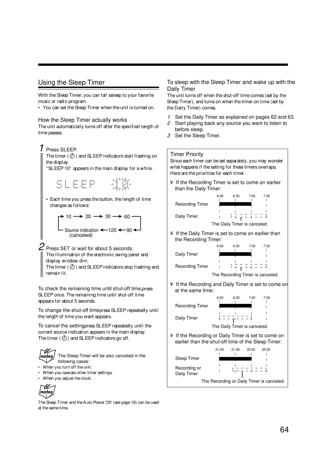 JVC SP-UXA7DVD, CA-UXA7DVD, UX-A7DVD Using the Sleep Timer, How the Sleep Timer actually works, Timer Priority, Press Sleep 