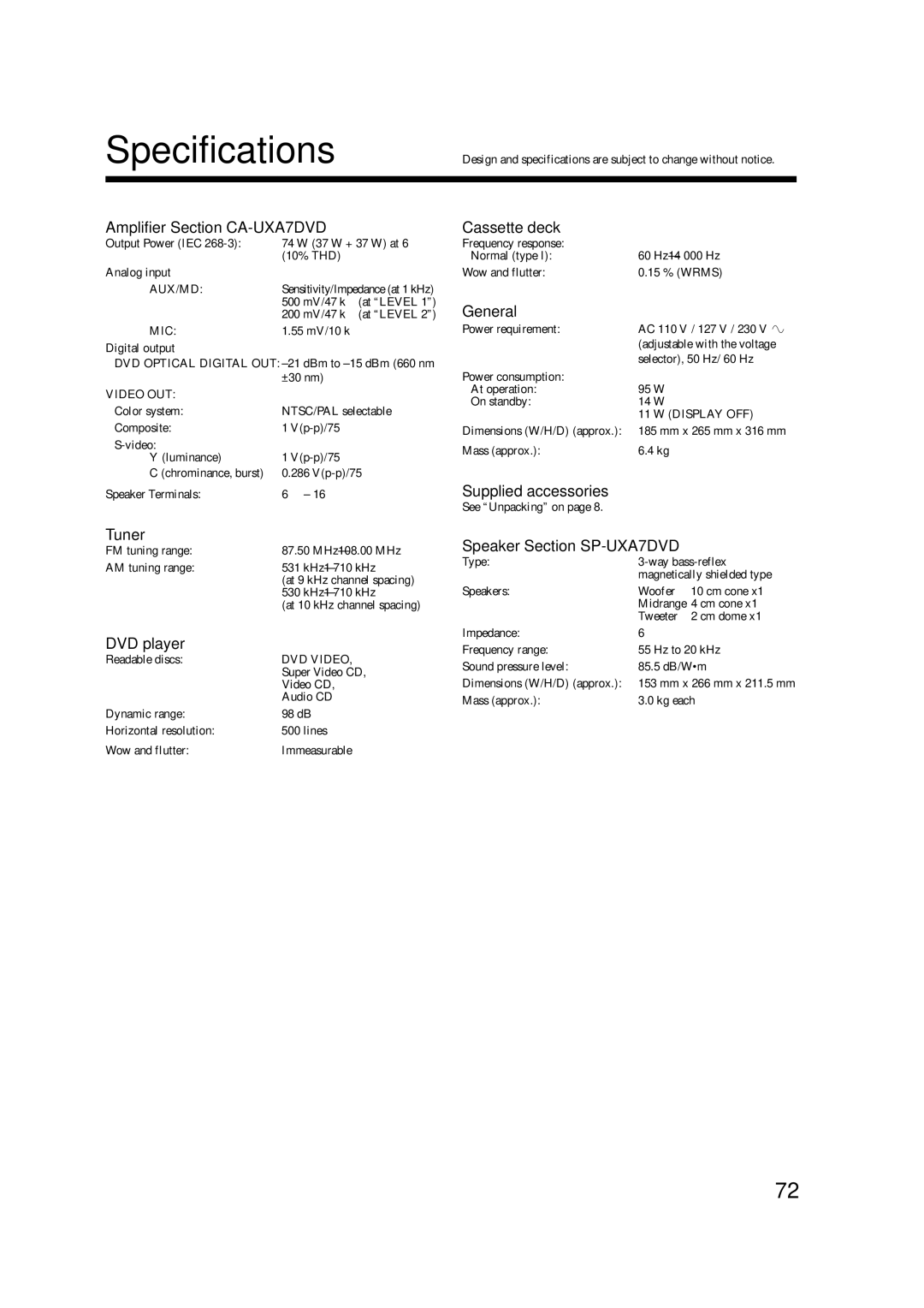 JVC CA-UXA7DVD, SP-UXA7DVD, UX-A7DVD manual Specifications 