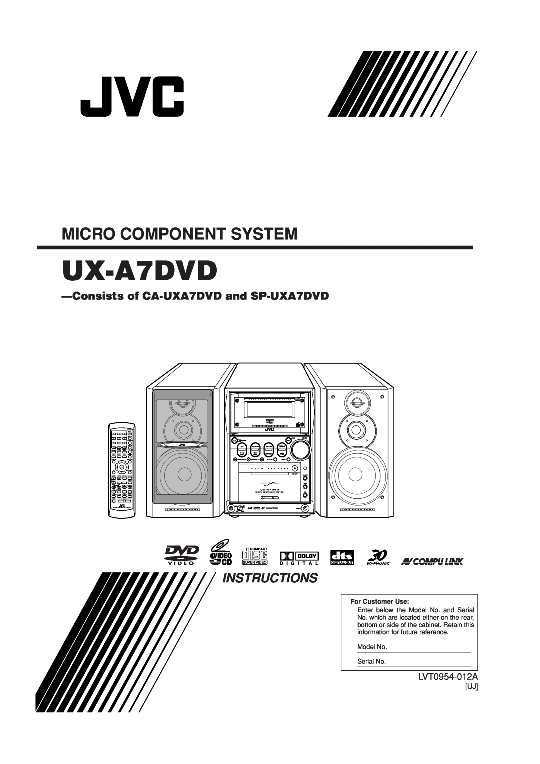 JVC manual Instructions, Consistsof CA-UXA7DVDand SP-UXA7DVD, UX-A7DVD, Micro Component System, LVT0954-012A, Compact 