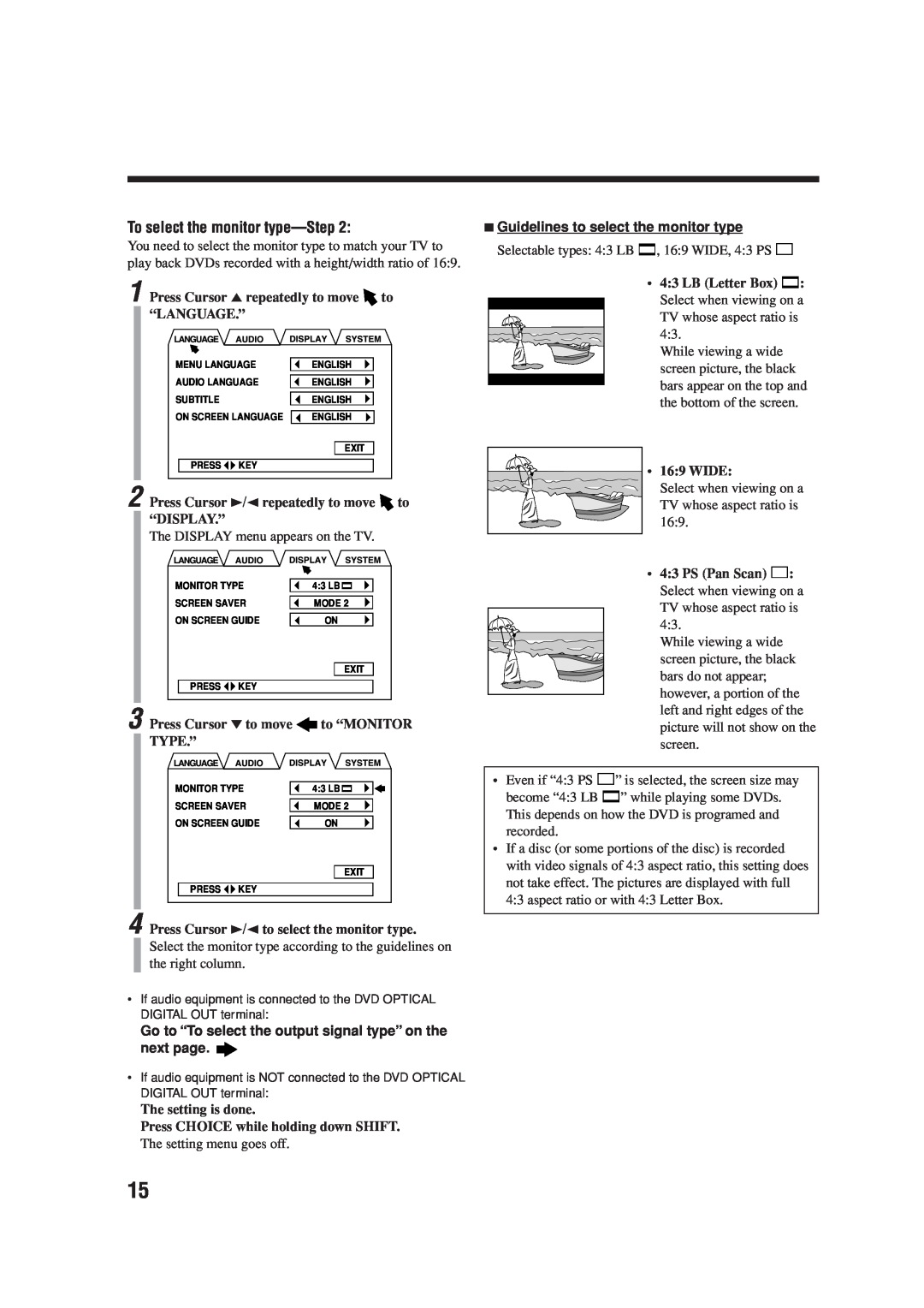 JVC CA-UXA7DVD, SP-UXA7DVD, UX-A7DVD manual To select the monitor type, 7Guidelines to select the monitor type 