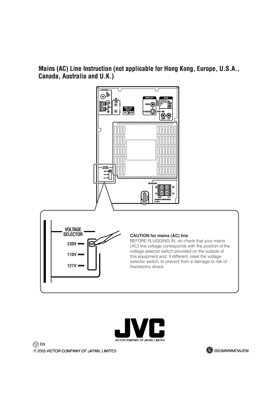 JVC SP-UXA7DVD, CA-UXA7DVD, UX-A7DVD manual Voltage, 127V, CAUTION for mains AC line, 230V, 110V 