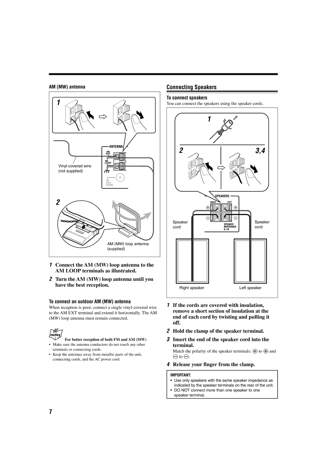 JVC CA-UXB70, SP-UXB70 Connecting Speakers, Release your finger from the clamp, To connect an outdoor AM MW antenna 