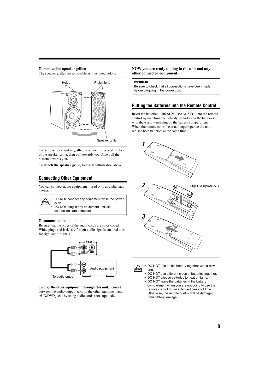 JVC SP-UXB70 Connecting Other Equipment, Putting the Batteries into the Remote Control, To remove the speaker grilles 