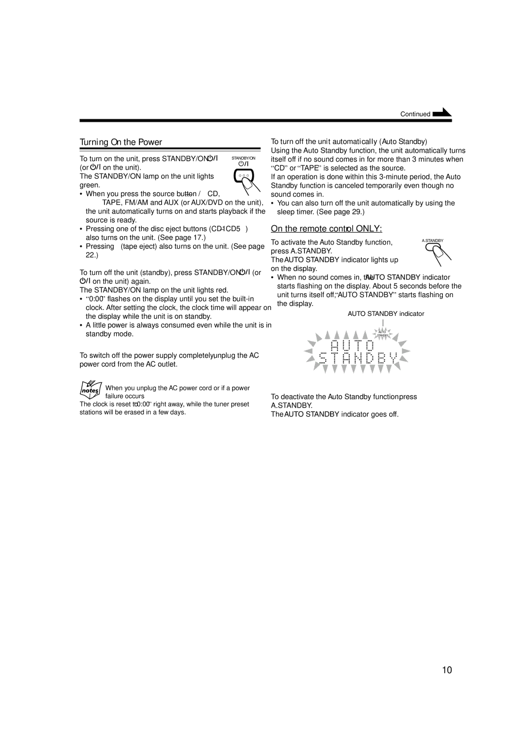 JVC SP-UXB70, CA-UXB70 manual Turning On the Power, To turn off the unit automatically Auto Standby 