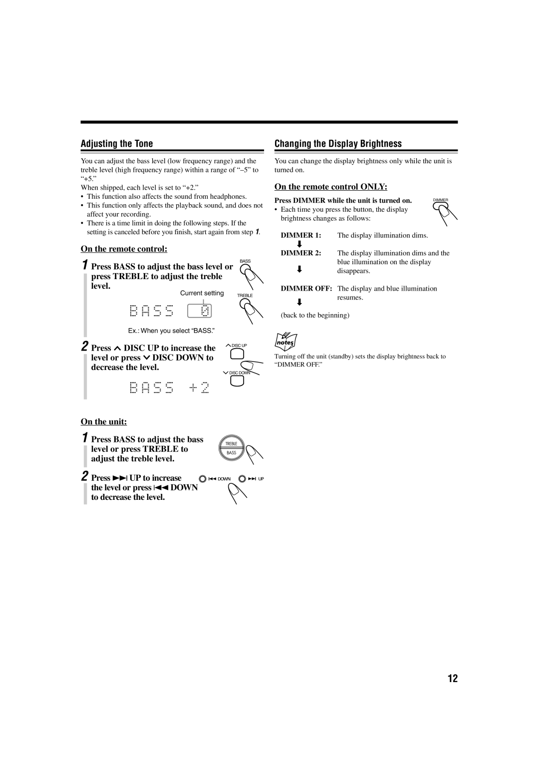 JVC SP-UXB70, CA-UXB70 manual Adjusting the Tone, Changing the Display Brightness 