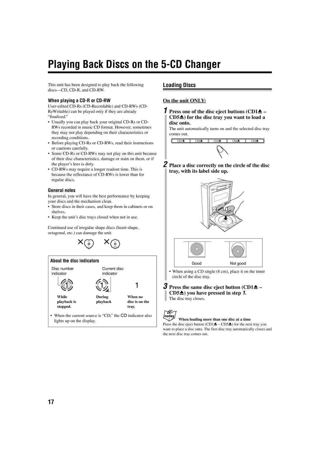 JVC CA-UXB70, SP-UXB70 Playing Back Discs on the 5-CD Changer, Loading Discs, When playing a CD-R or CD-RW, General notes 