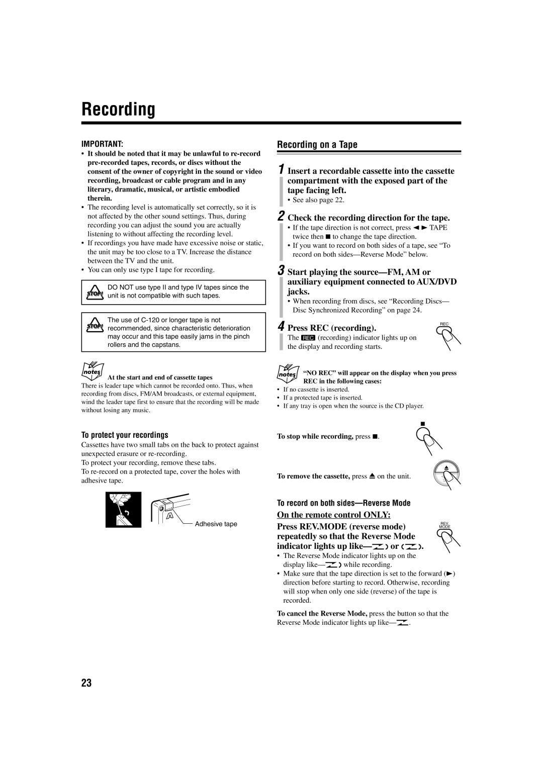 JVC CA-UXB70, SP-UXB70 manual Recording on a Tape, Check the recording direction for the tape, Press REC recording 