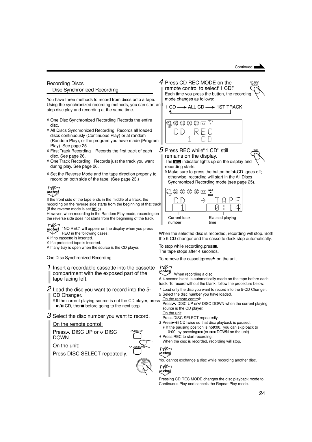 JVC SP-UXB70, CA-UXB70 manual Recording Discs Disc Synchronized Recording 