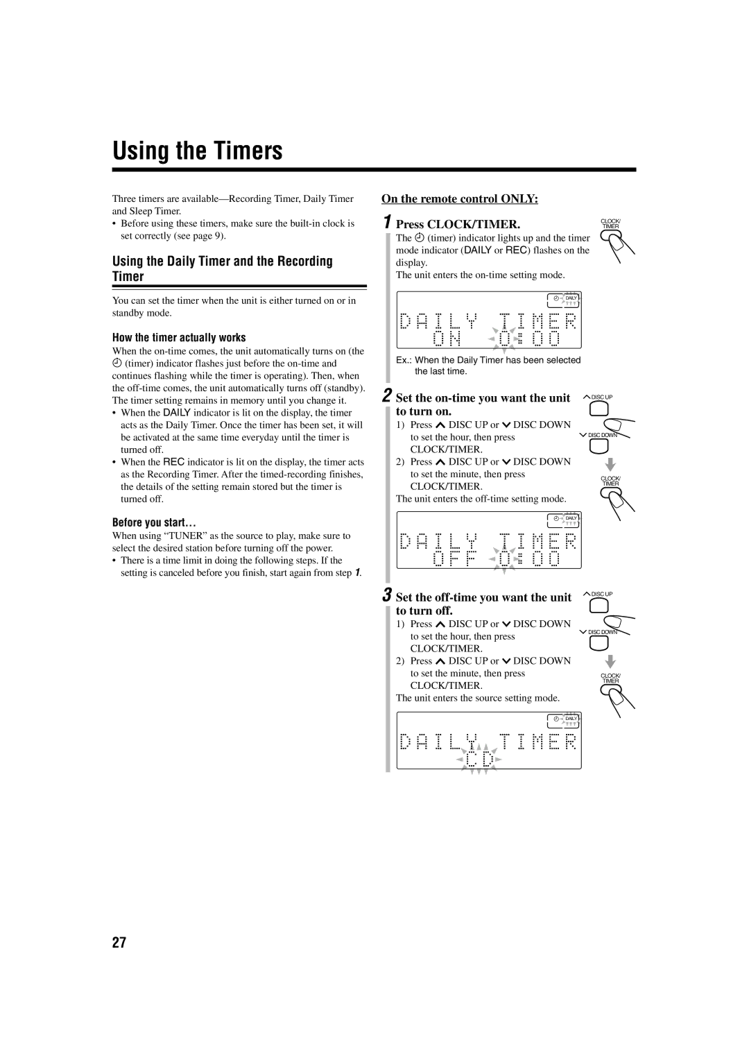 JVC CA-UXB70, SP-UXB70 Using the Timers, Using the Daily Timer and the Recording Timer, Set the on-time you want the unit 