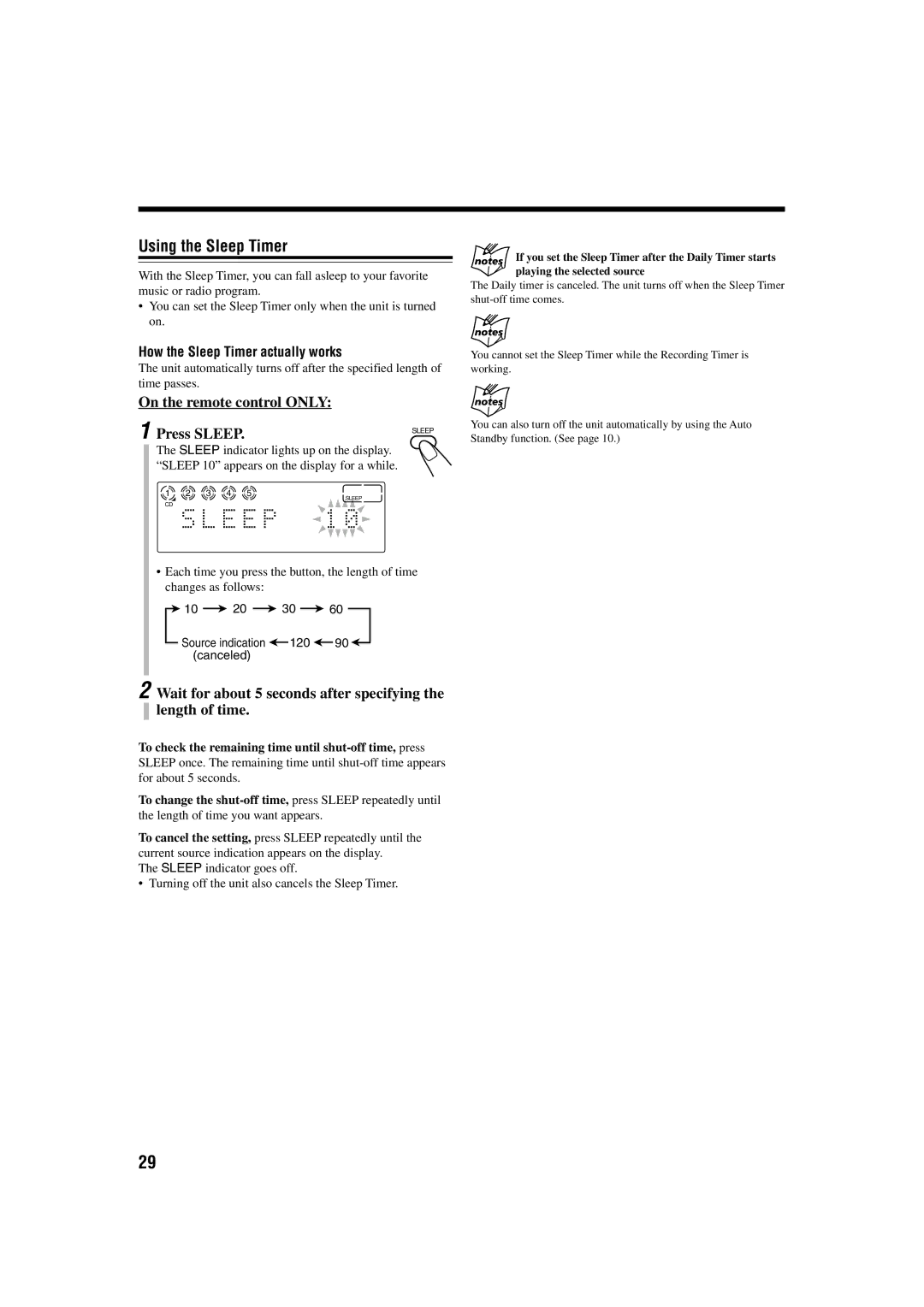 JVC CA-UXB70, SP-UXB70 Using the Sleep Timer, On the remote control only Press Sleep, How the Sleep Timer actually works 