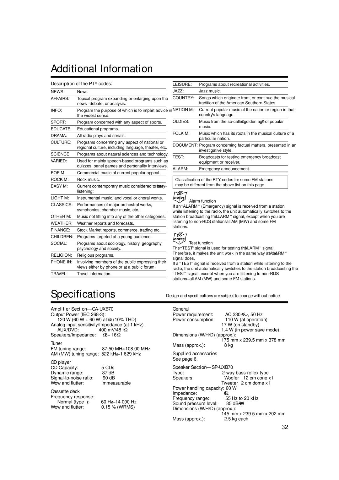 JVC SP-UXB70, CA-UXB70 manual Additional Information, Specifications 