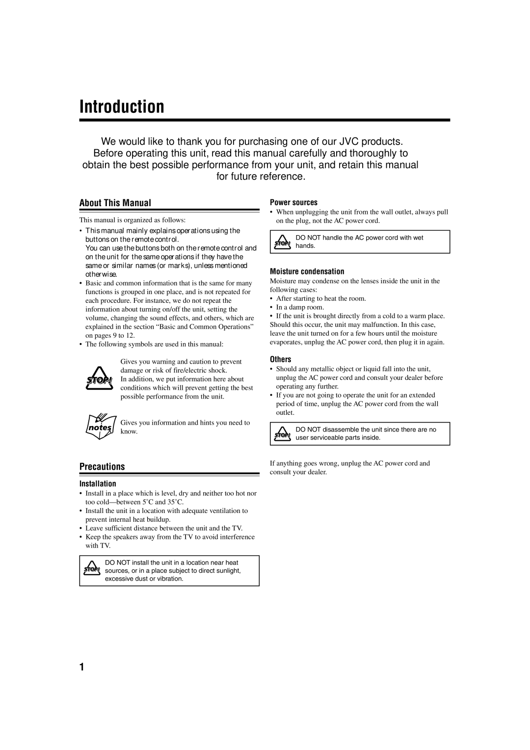 JVC CA-UXB70, SP-UXB70 manual Introduction, About This Manual, Precautions 