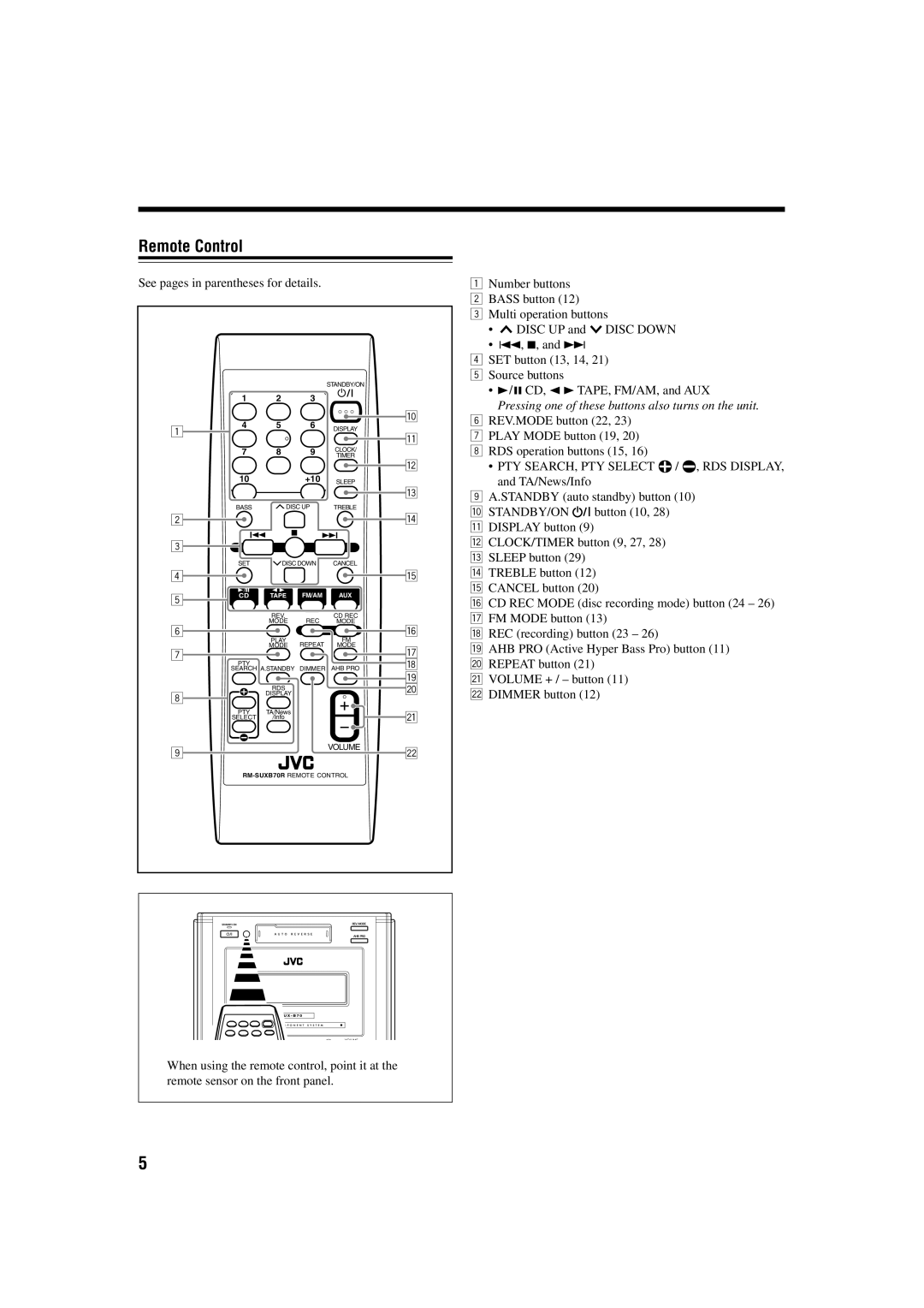 JVC CA-UXB70, SP-UXB70 manual Remote Control, See pages in parentheses for details 