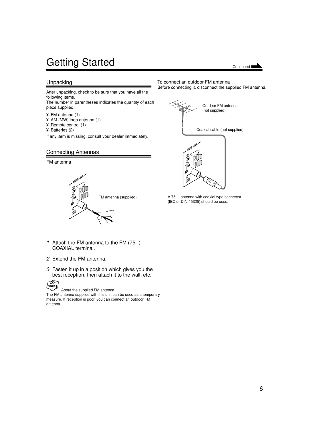 JVC SP-UXB70, CA-UXB70 manual Getting Started, Unpacking, Connecting Antennas, FM antenna To connect an outdoor FM antenna 