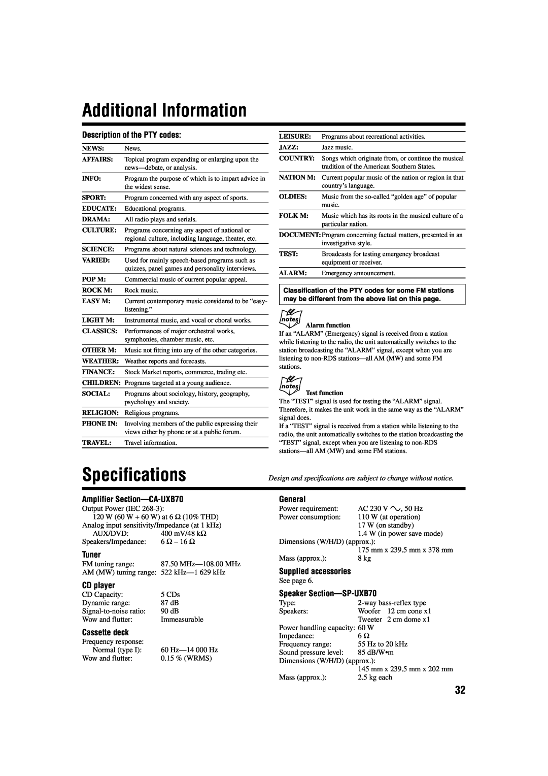 JVC SP-UXB70 manual Additional Information, Specifications, Description of the PTY codes, Amplifier Section-CA-UXB70, Tuner 