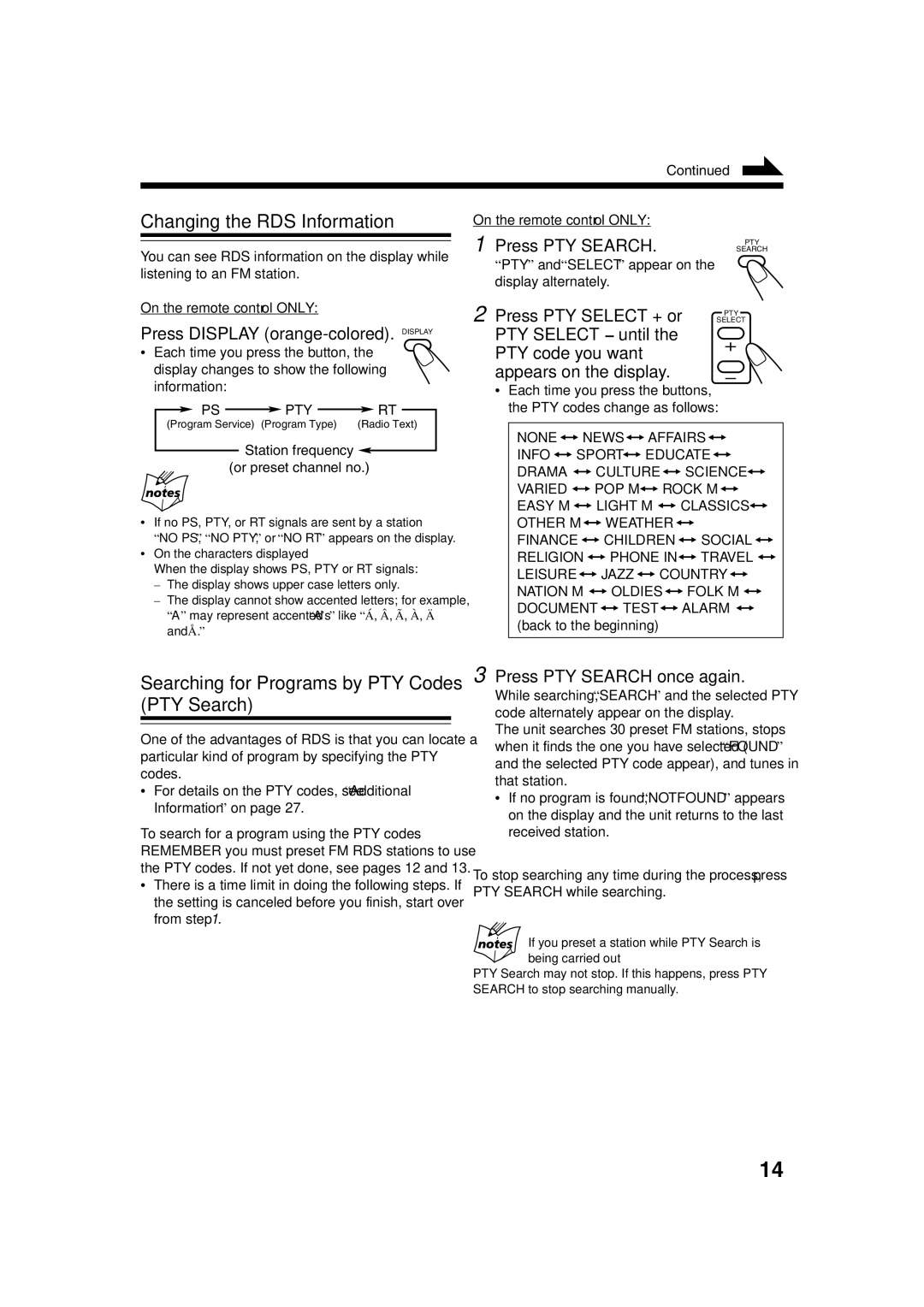 JVC SP-UXH33, CA-UXH33 manual Changing the RDS Information, Searching for Programs by PTY Codes PTY Search, Press PTY Search 