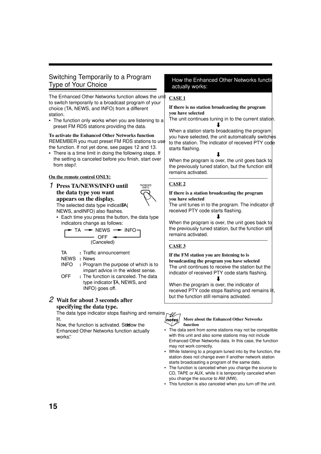 JVC CA-UXH33, UX-H30, SP-UXH33 manual Switching Temporarily to a Program Type of Your Choice, Press TA/NEWS/INFO until 