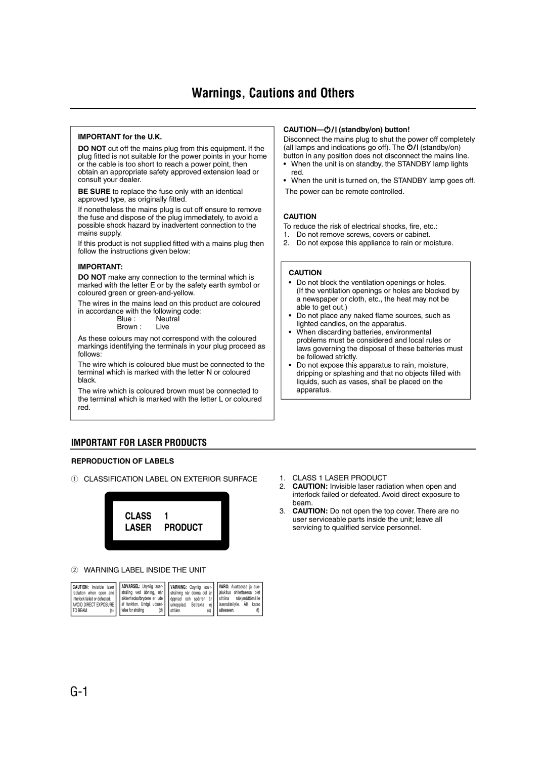 JVC SP-UXH33, CA-UXH33, UX-H30 manual Important for Laser Products 