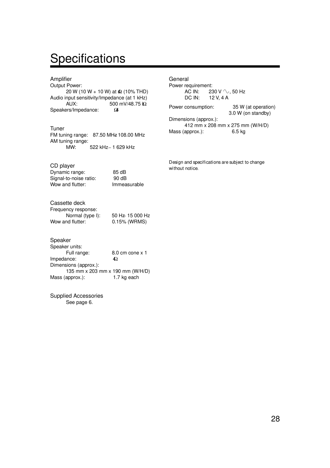 JVC UX-H30, CA-UXH33, SP-UXH33 manual Specifications 