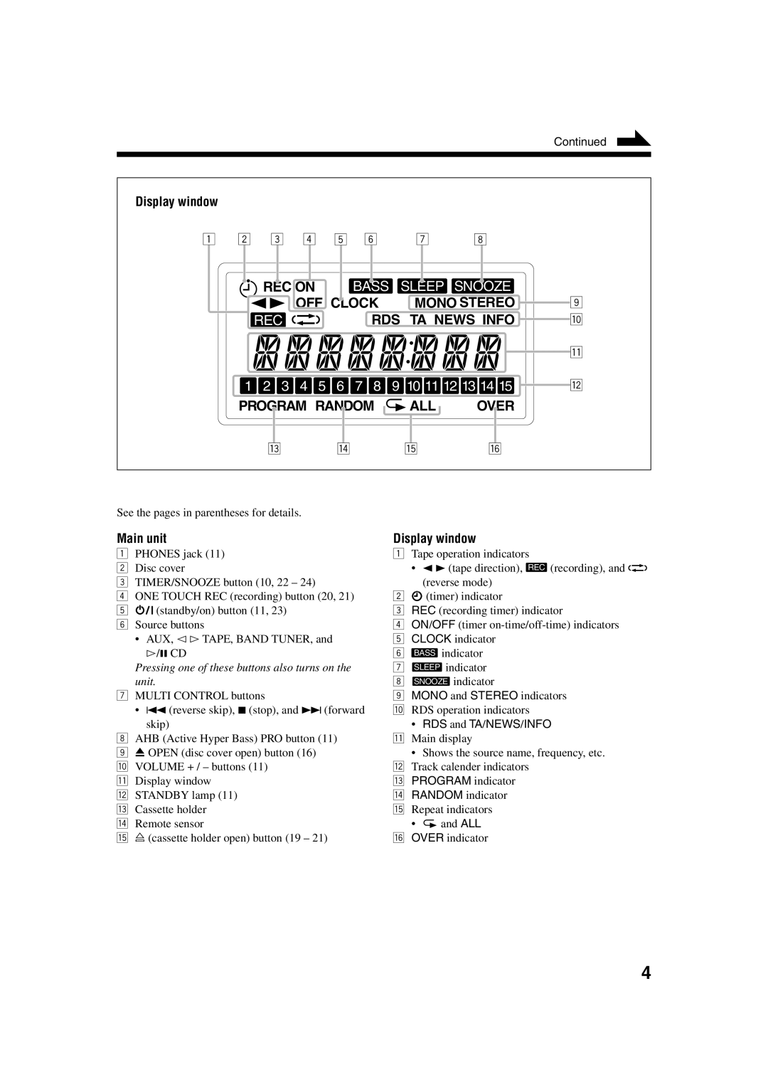 JVC UX-H30, CA-UXH33, SP-UXH33 manual Main unit Display window 