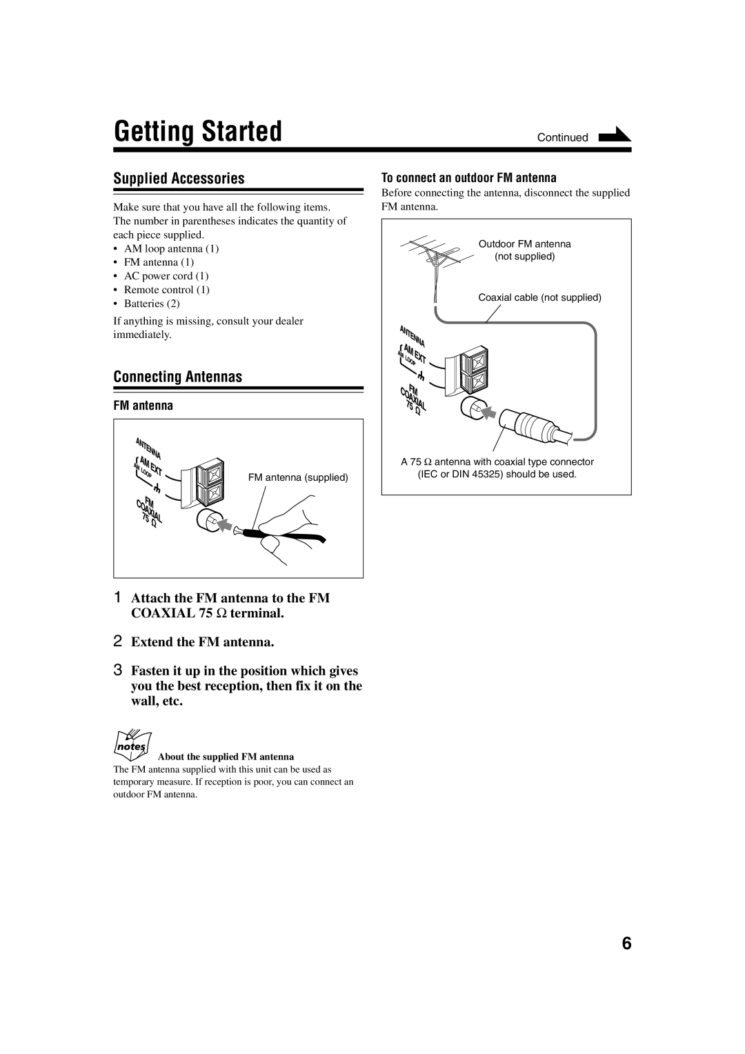 JVC CA-UXH33, UX-H30 manual Getting Started, Supplied Accessories, Connecting Antennas, To connect an outdoor FM antenna 