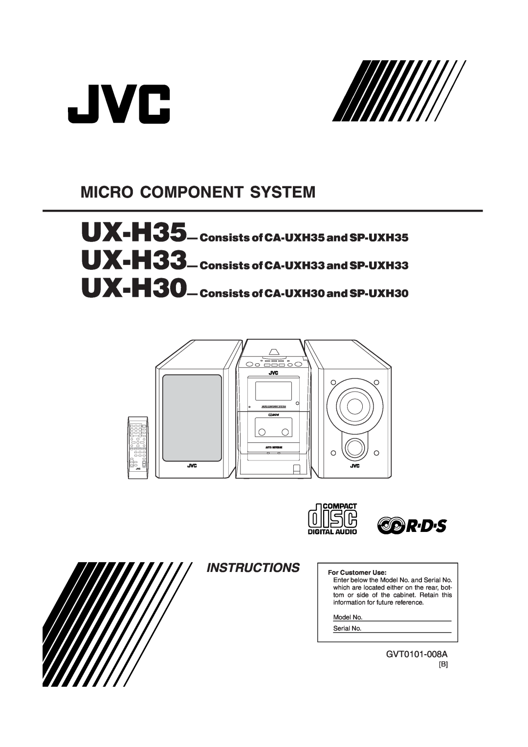JVC UX-H30 manual Instructions, UX-H35-Consists of CA-UXH35and SP-UXH35, UX-H33-Consists of CA-UXH33and SP-UXH33 