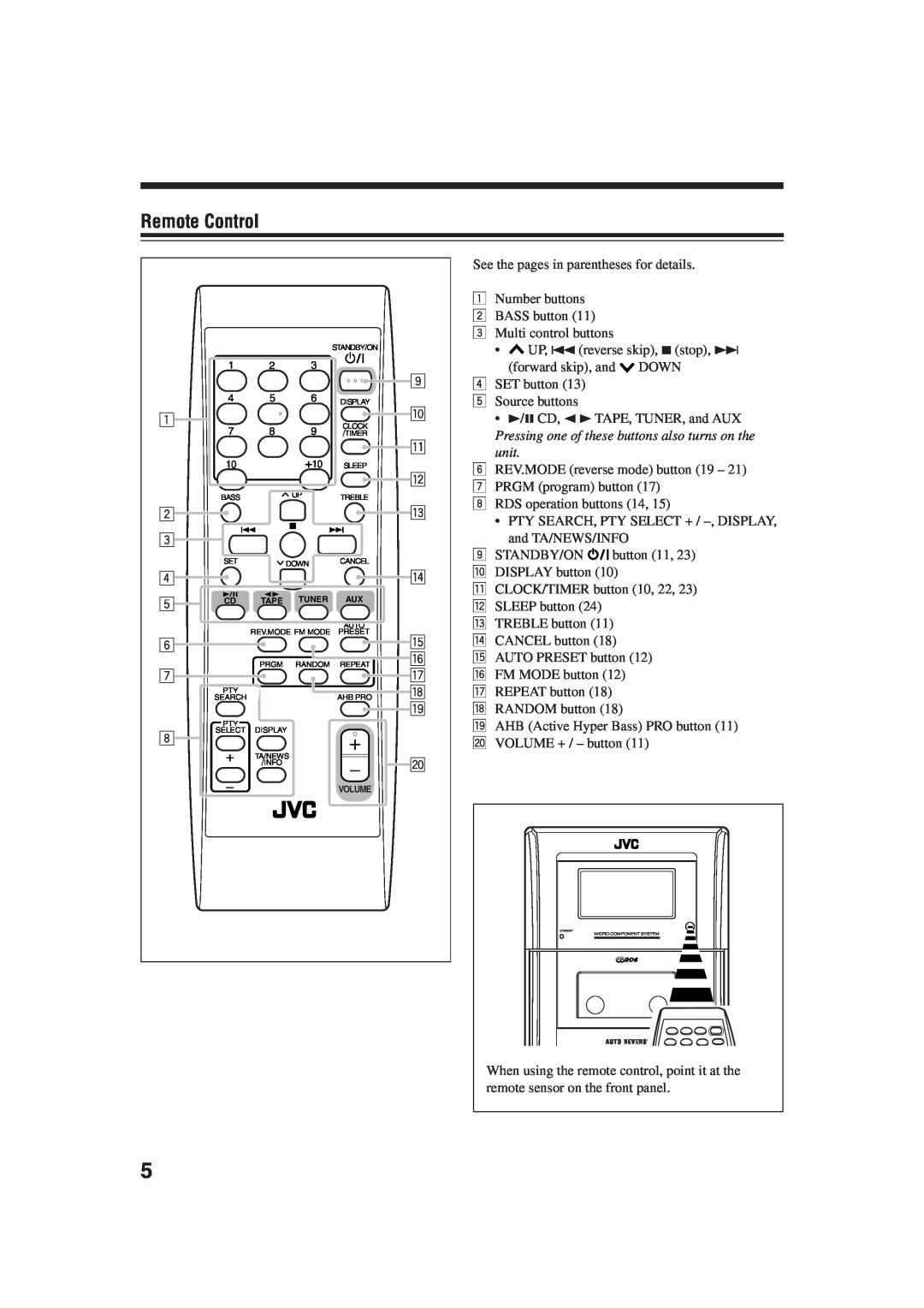 JVC SP-UXH33, CA-UXH33, UX-H30 manual Remote Control 