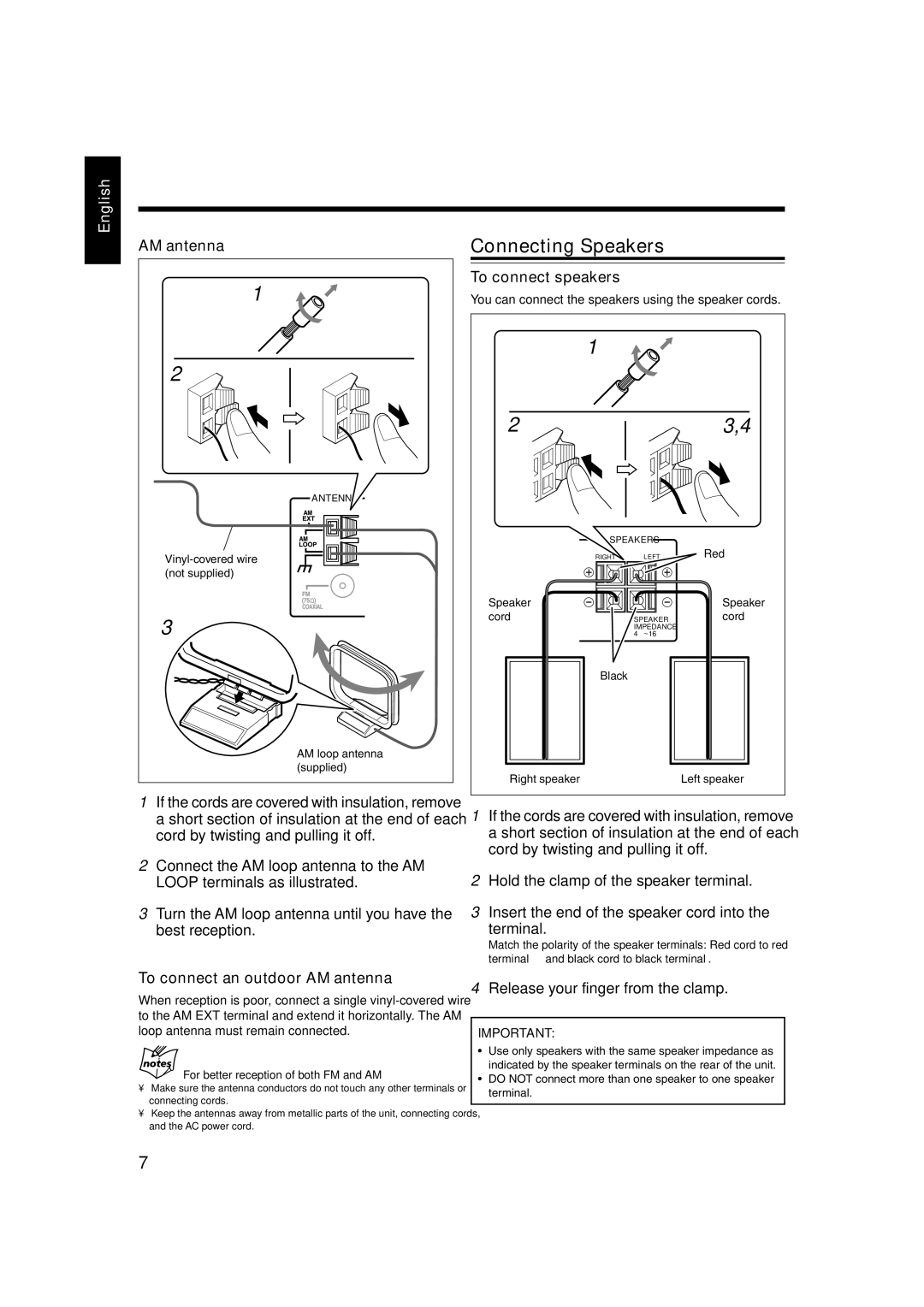 JVC GVT0104-002A, CA-UXJ55MD, 0803AIMMDWJEM Connecting Speakers, To connect an outdoor AM antenna, To connect speakers 