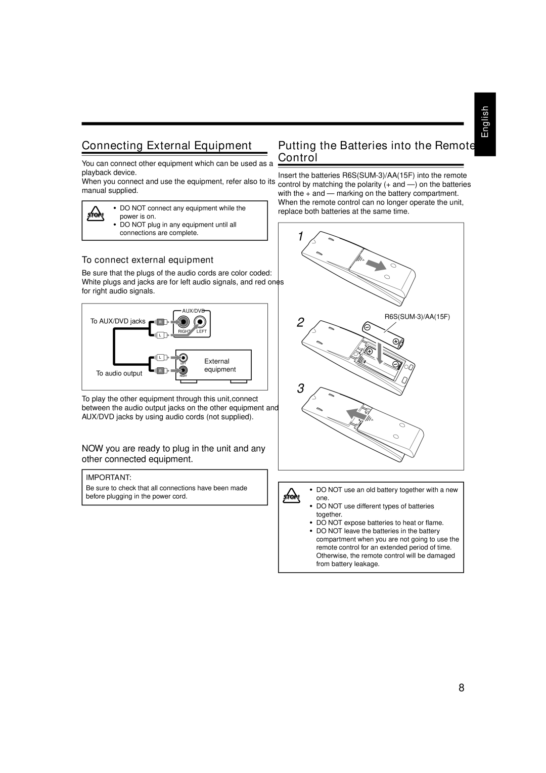 JVC 0803AIMMDWJEM, CA-UXJ55MD, GVT0104-002A Connecting External Equipment, Putting the Batteries into the Remote Control 