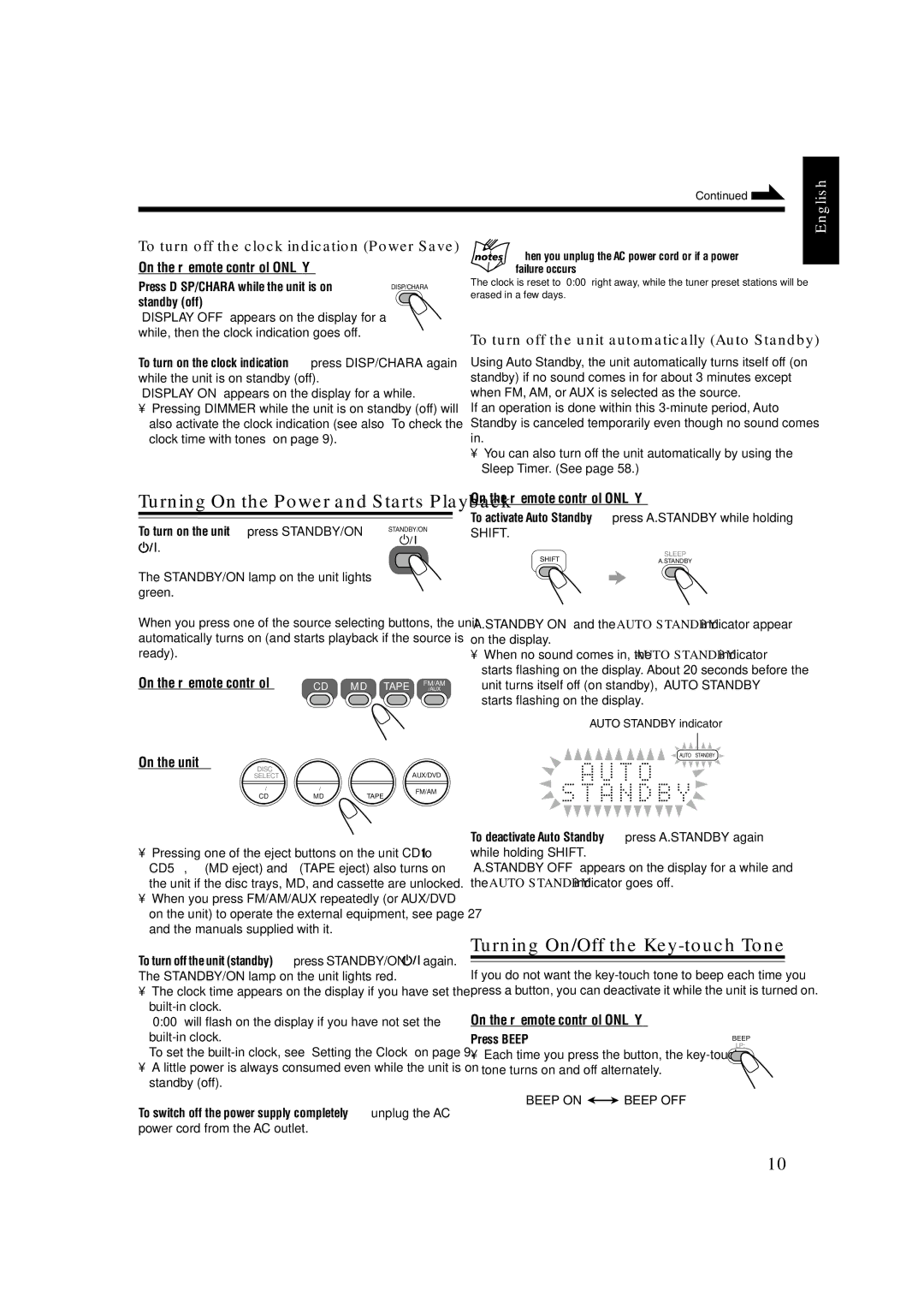 JVC GVT0104-002A Turning On/Off the Key-touch Tone, To turn off the clock indication Power Save, On the remote control 