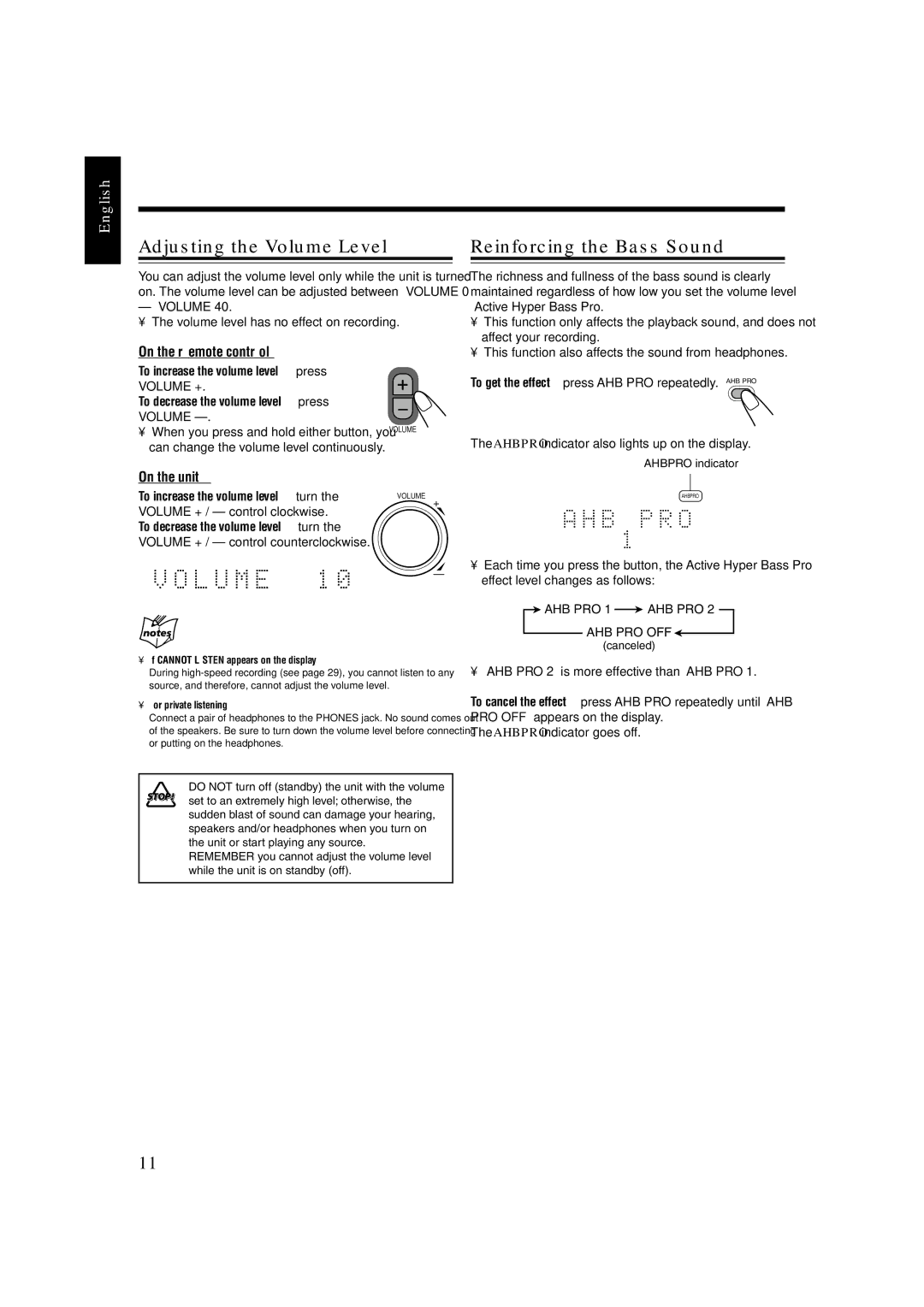 JVC 0803AIMMDWJEM, CA-UXJ55MD, GVT0104-002A manual Adjusting the Volume Level, Reinforcing the Bass Sound 