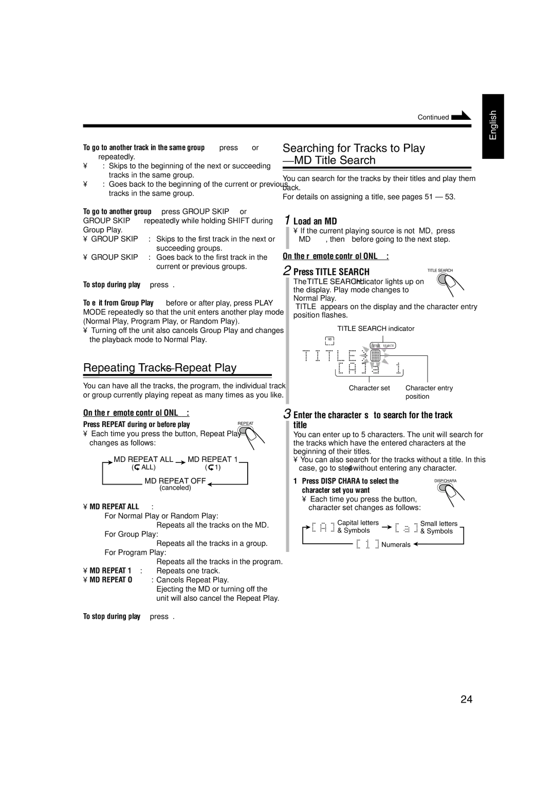 JVC CA-UXJ55MD manual Repeating Tracks-Repeat Play, Searching for Tracks to Play MD Title Search, Press Title Search 